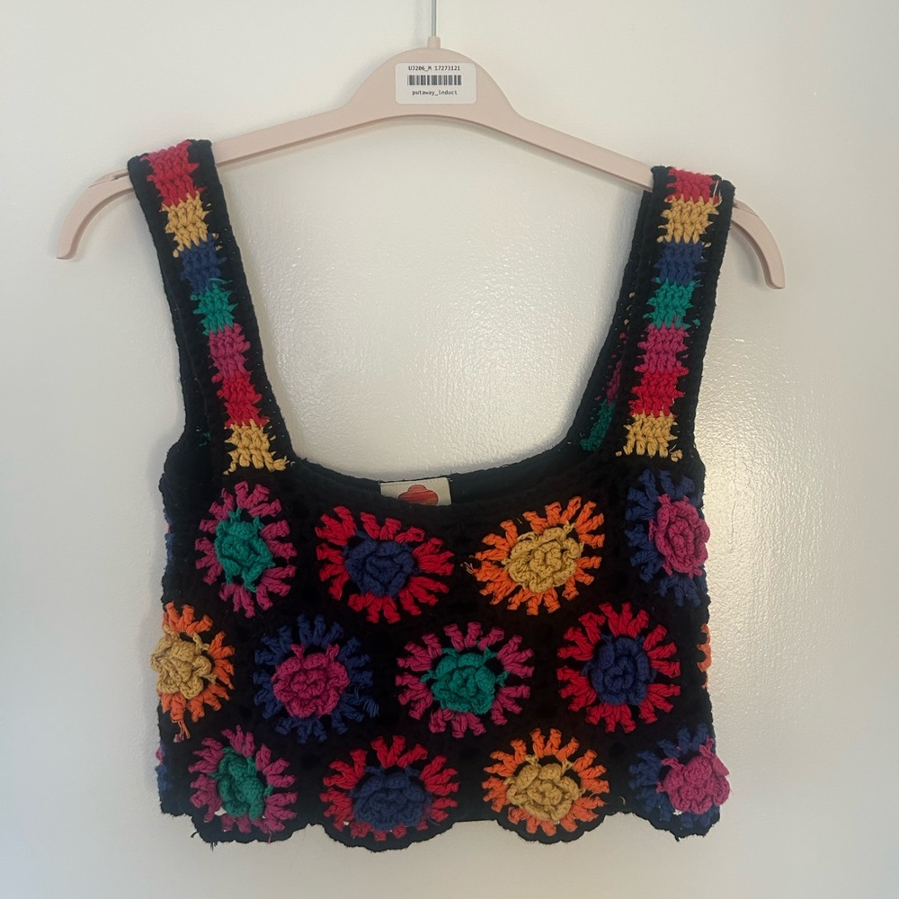 FARM Rio Black and Pink Cropped Embellished Tank Top